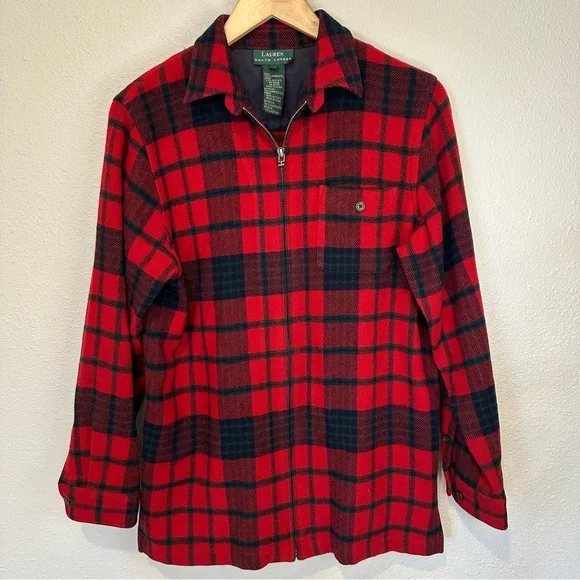 Ralph Lauren Women’s Red and Navy 100% Lambswool Zippered Shirt - Picture 1 of 5